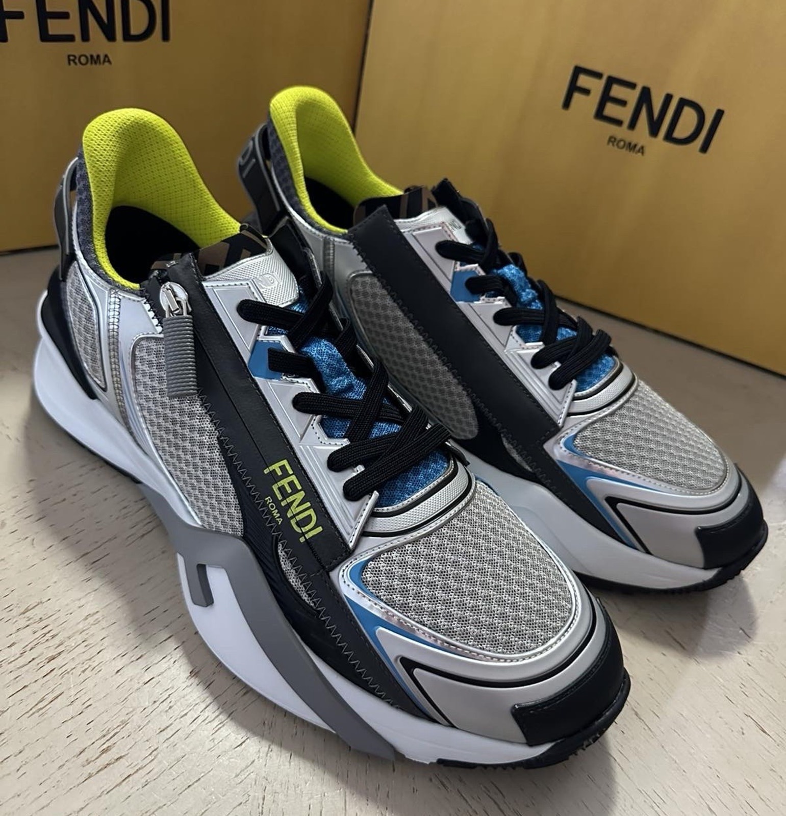 Fendi Flow Sneakers Gray/Blue/Yellow 12 Us (11 Fendi) 7e1689 Italy Nib $1190